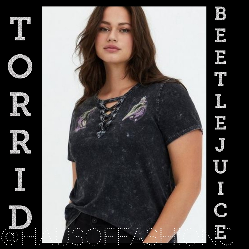 TORRID BEETLEJUICE Maitland Icon Lace-Up Black Mineral Wash Top! NWT!